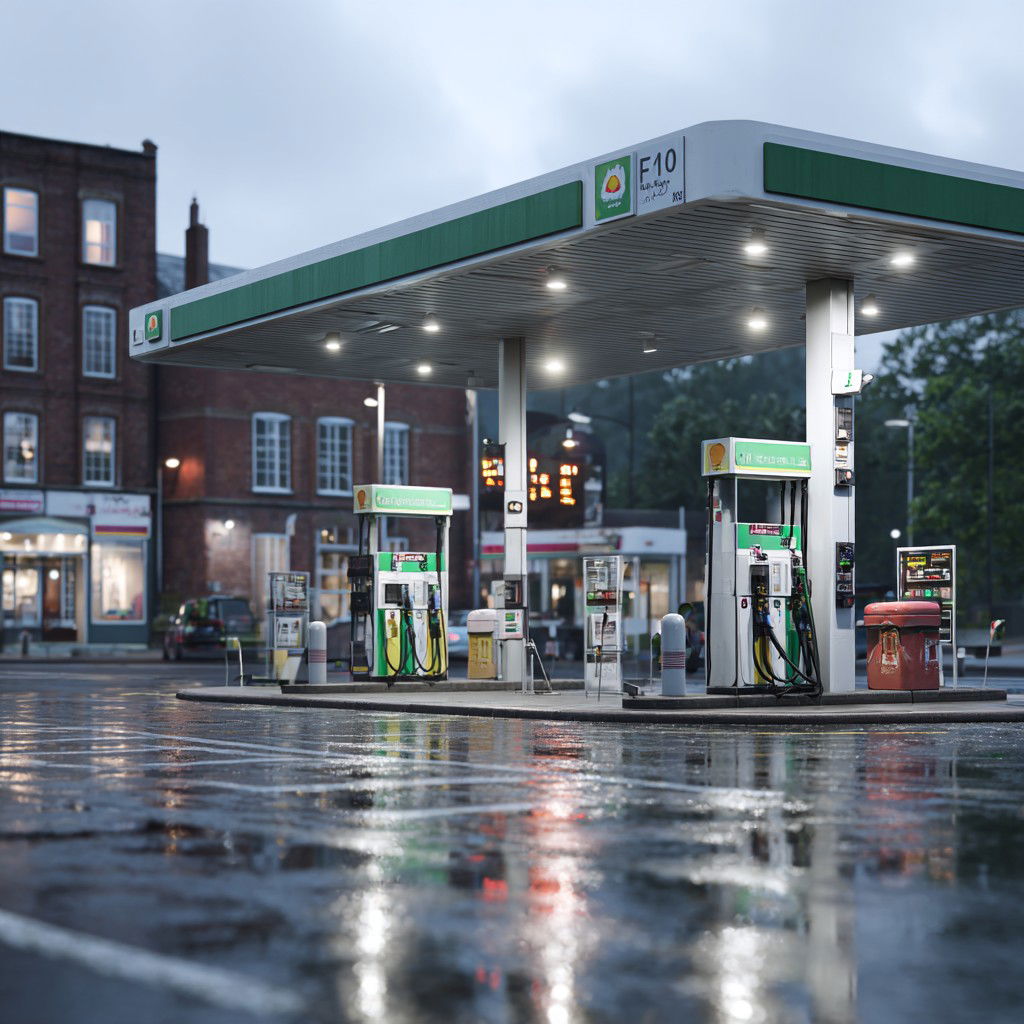 UK petrol station, modern British gas pump with a clearly visible bioethanol fuel sign (E10 / Bioethanol)